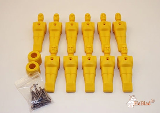 Complete set van 11 gele voetbalpoppen voor tafelvoetbalspel met stangen 16mm