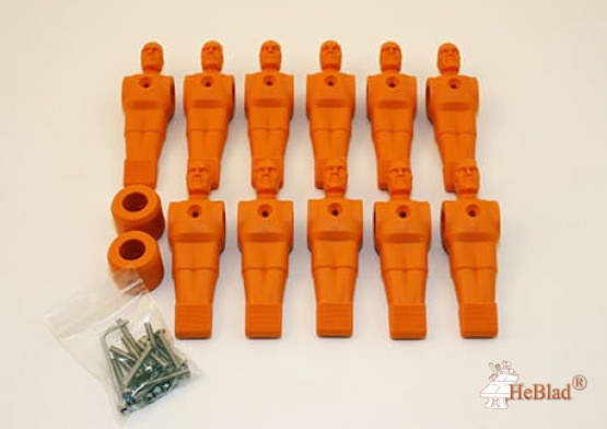Complete set van 11 oranje voetbalpoppen voor tafelvoetbalspel met stangen 16mm